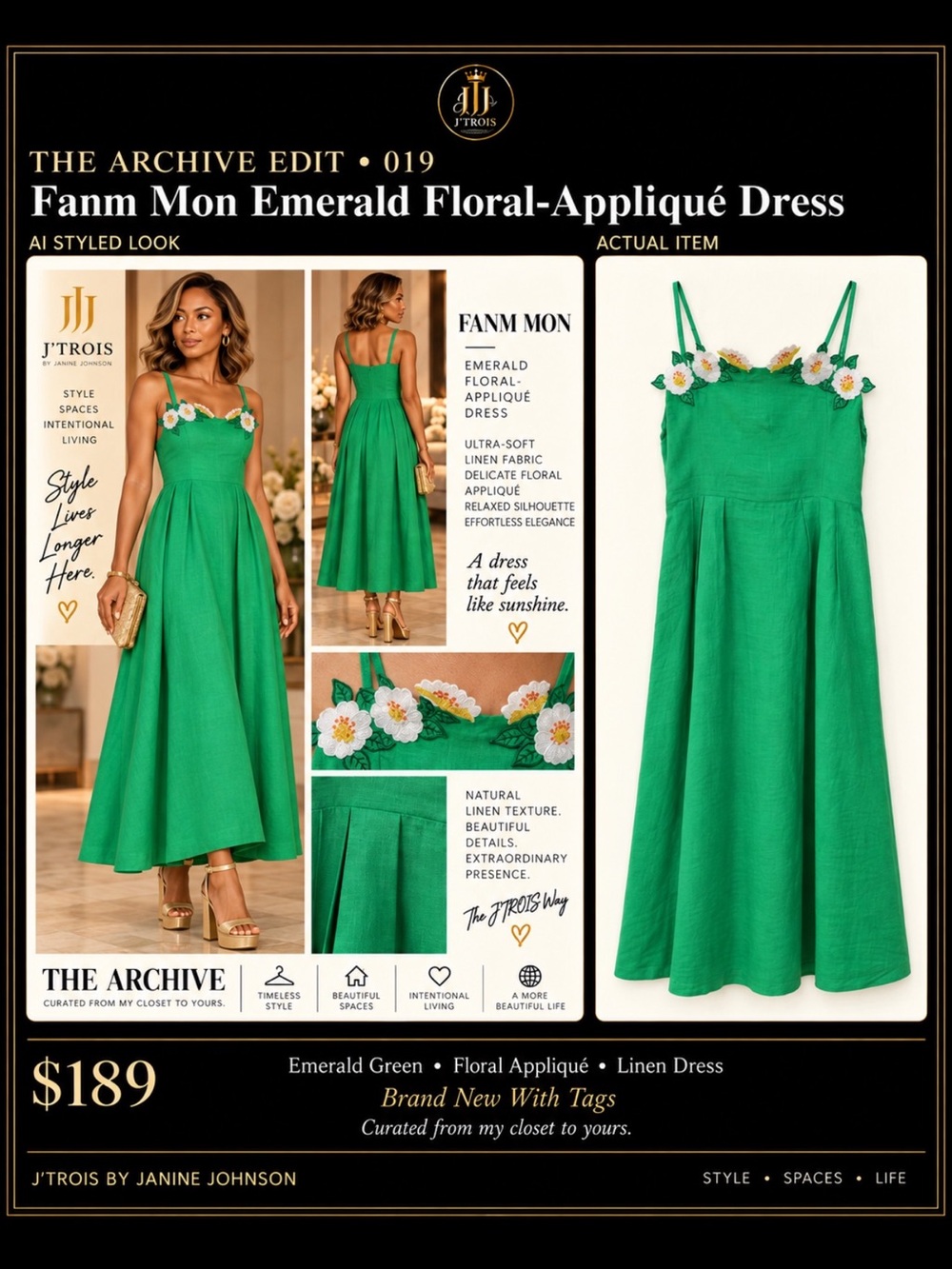 Fanm Mon Emerald Green Floral-Appliqué Midi Dress